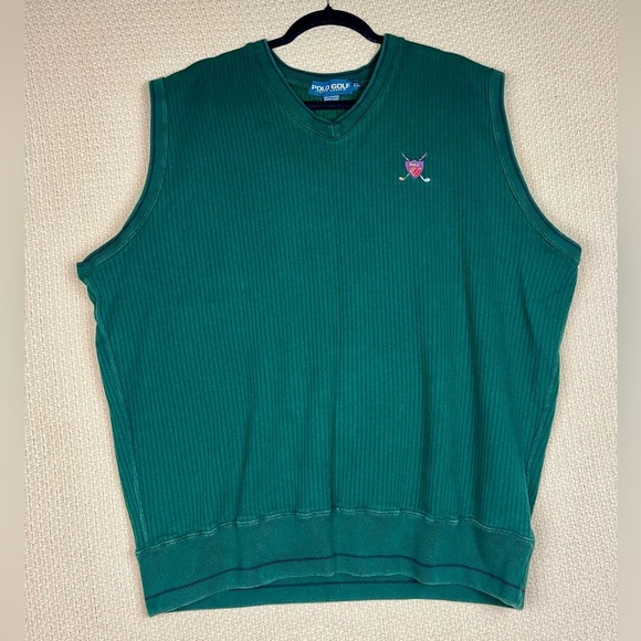 Ralph Lauren Polo Sweater Men medium Green Golf Vest wool Preppy Vintage